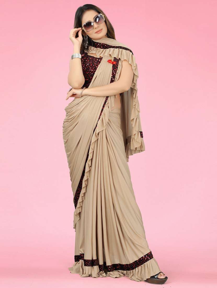 women's bordered beige colored saree with blouse - 19424138 -  Standard Image - 1