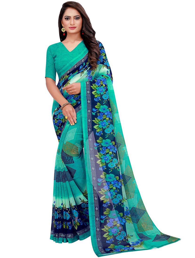 women's floral turquoise colored saree with blouse - 19427231 -  Zoom Image - 0