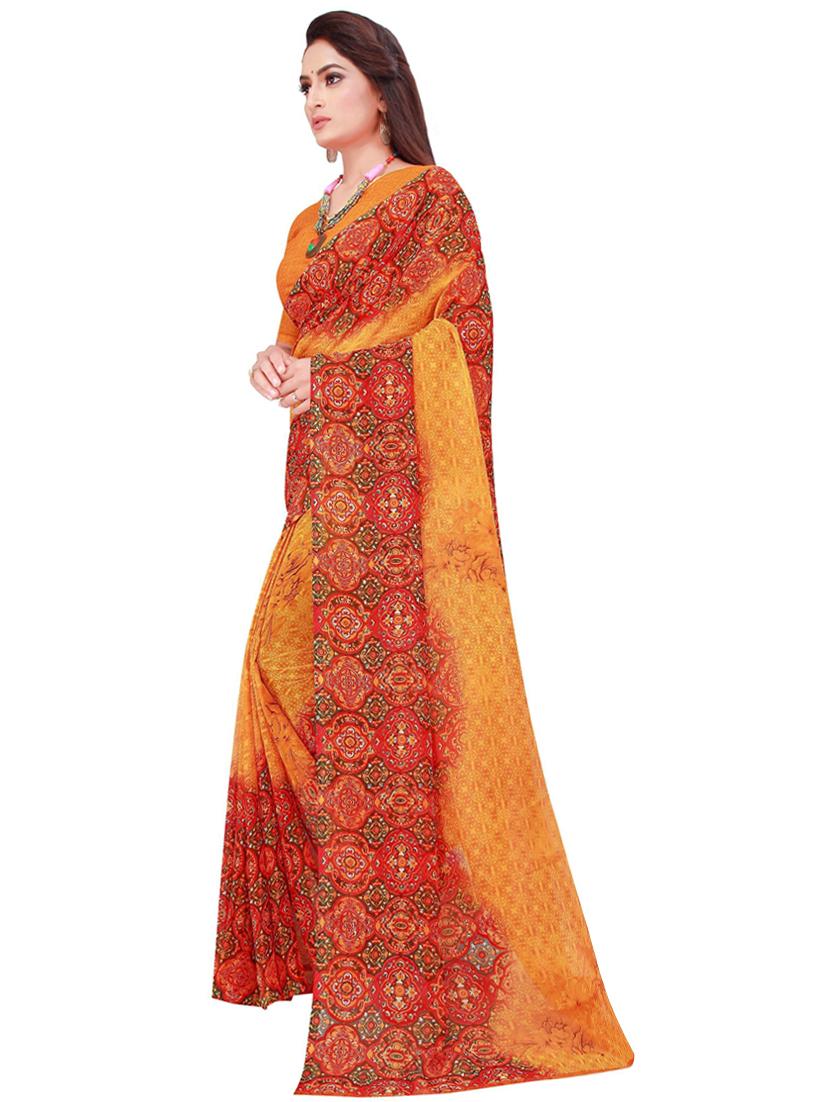 orange printed saree with blouse - 19429912 - Standard Image - 1