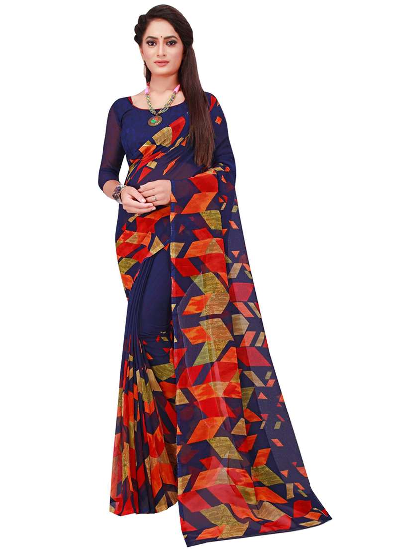 women's geometric navy blue colored saree with blouse