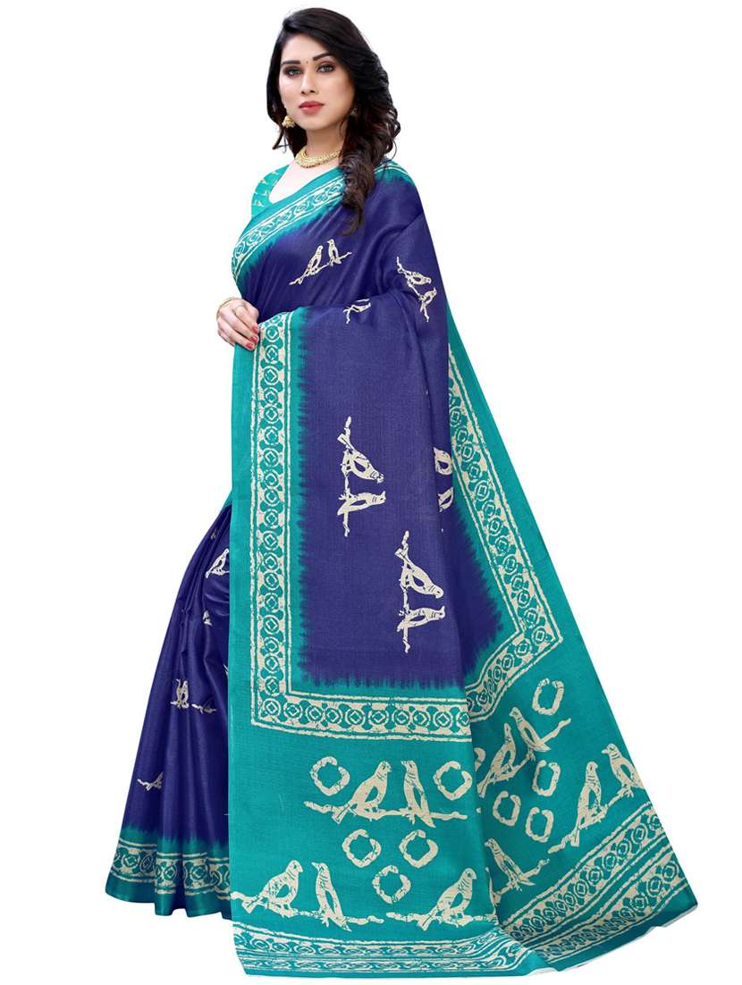dark blue printed plain saree with blouse - 19430129 -  Standard Image - 1