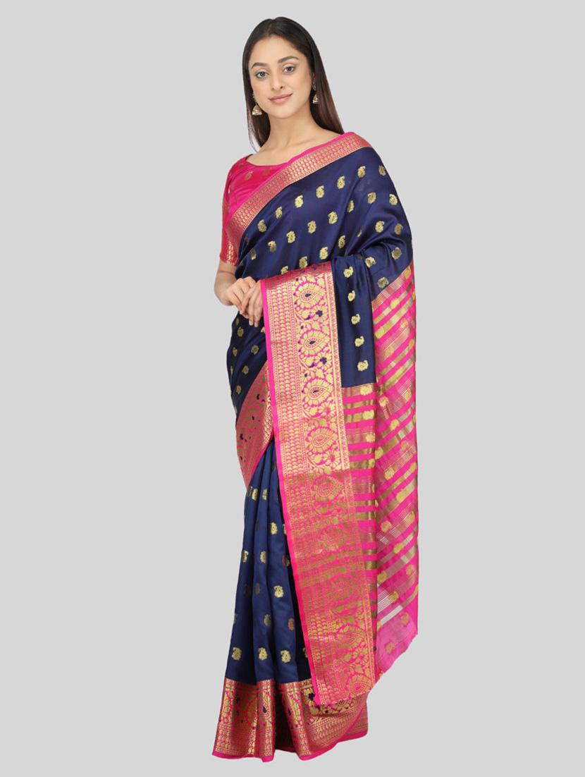 dark blue self design saree with blouse - 19431587 - Standard Image - 1