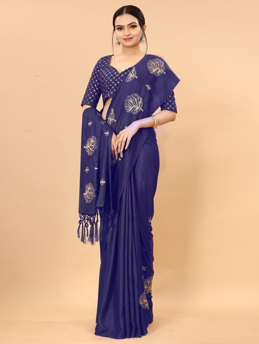 dark blue self design saree with blouse - 19431642 - Standard Image - 1