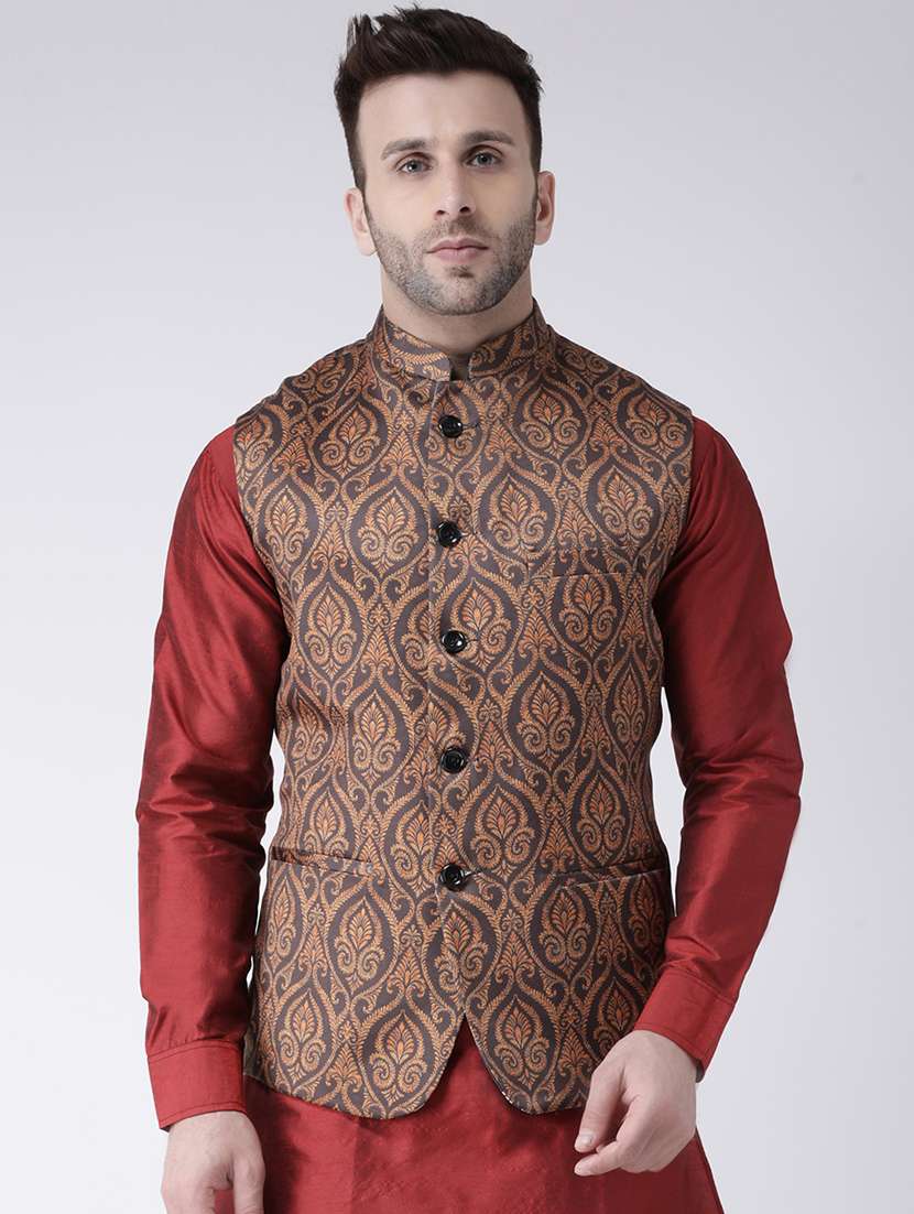 brown printed nehru jacket