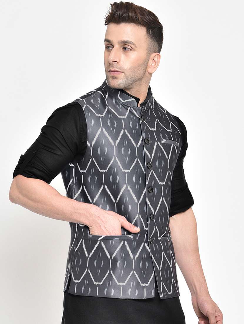 grey printed nehru jacket