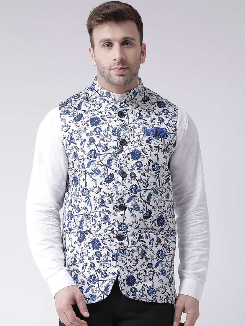 white printed nehru jacket
