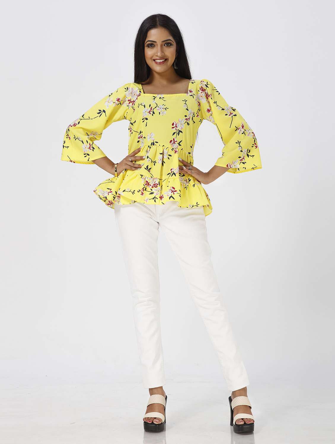 yellow floral print peplum top - 19437087 - Standard Image - 1