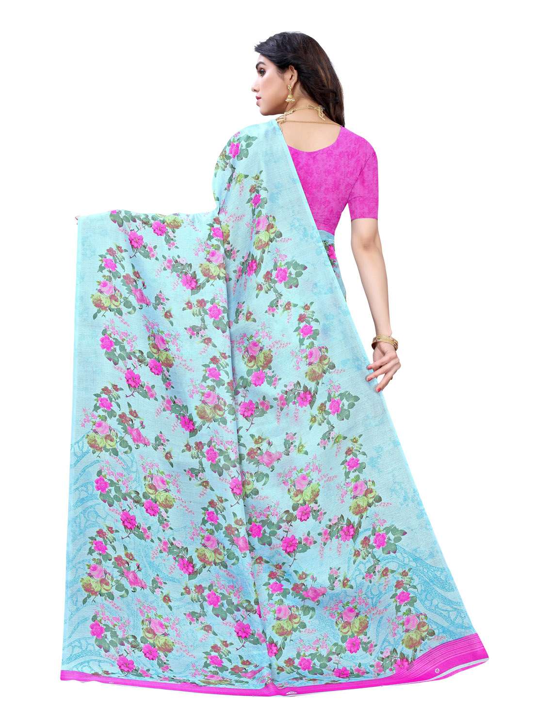 light blue printed saree with blouse - 19437175 - Standard Image - 1