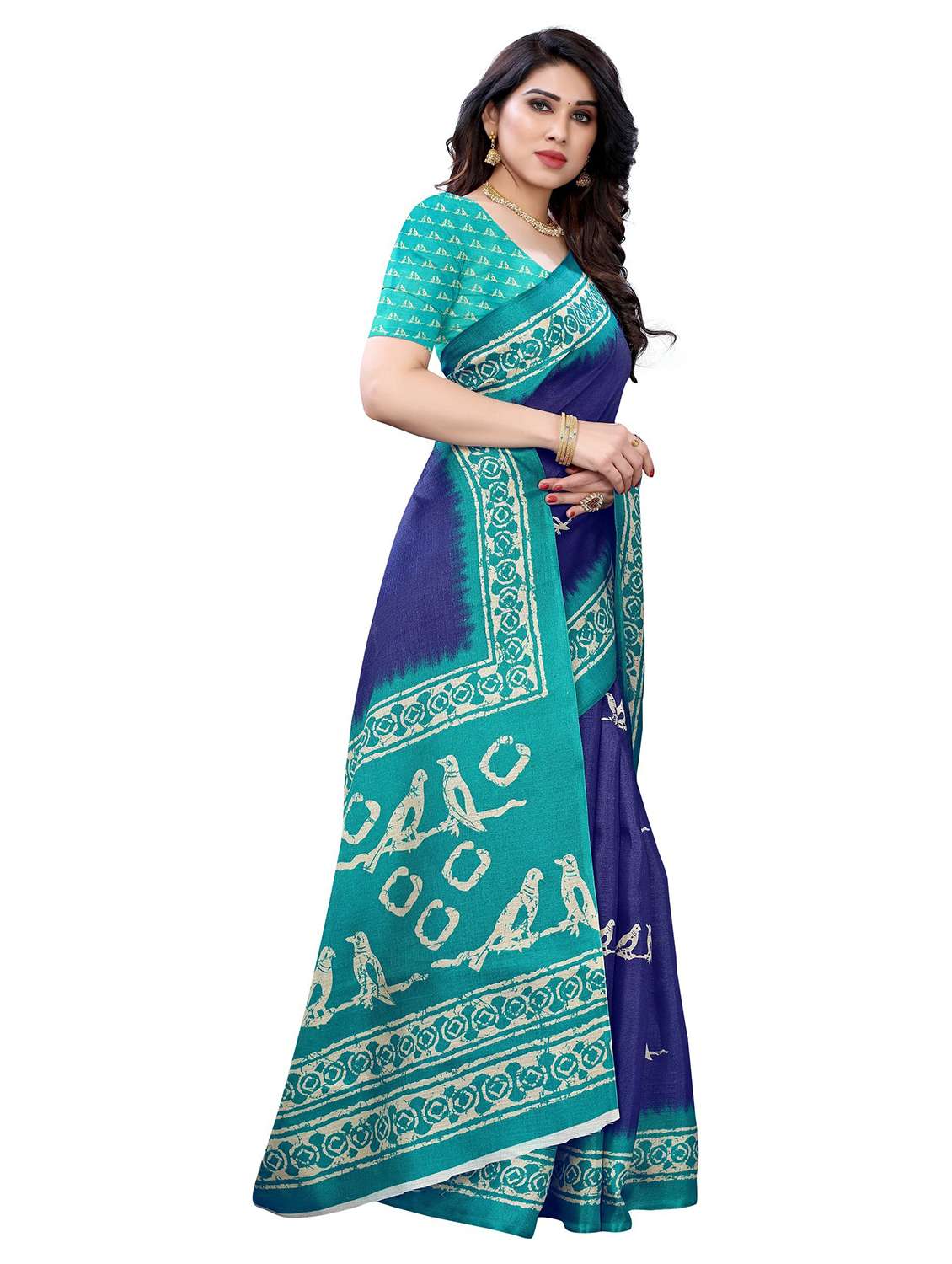 contrast bordered printed saree with blouse - 19439249 -  Standard Image - 1