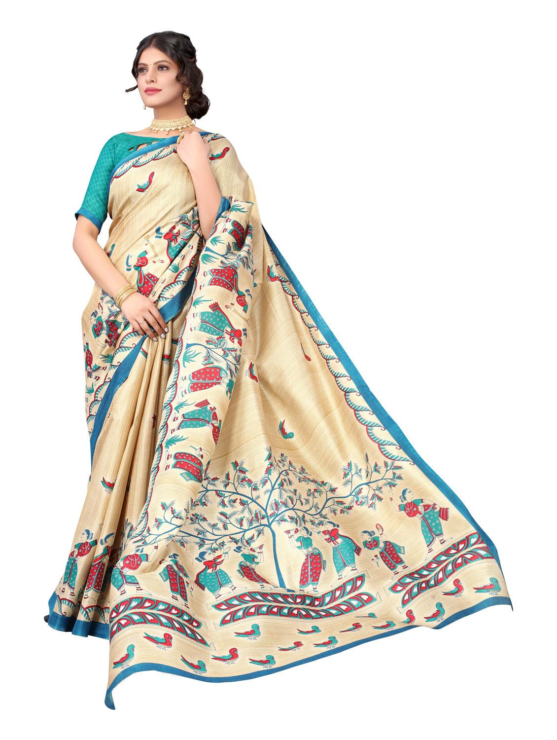 contrast bordered printed saree with blouse - 19439275 - Standard Image - 1