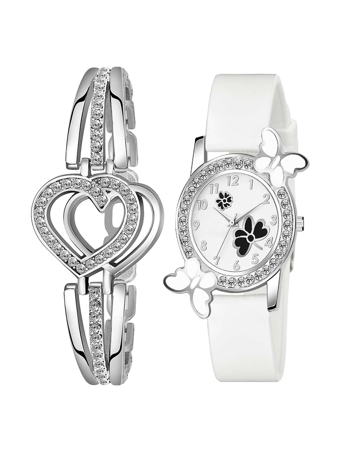 white leatherette watch & bracelet combo