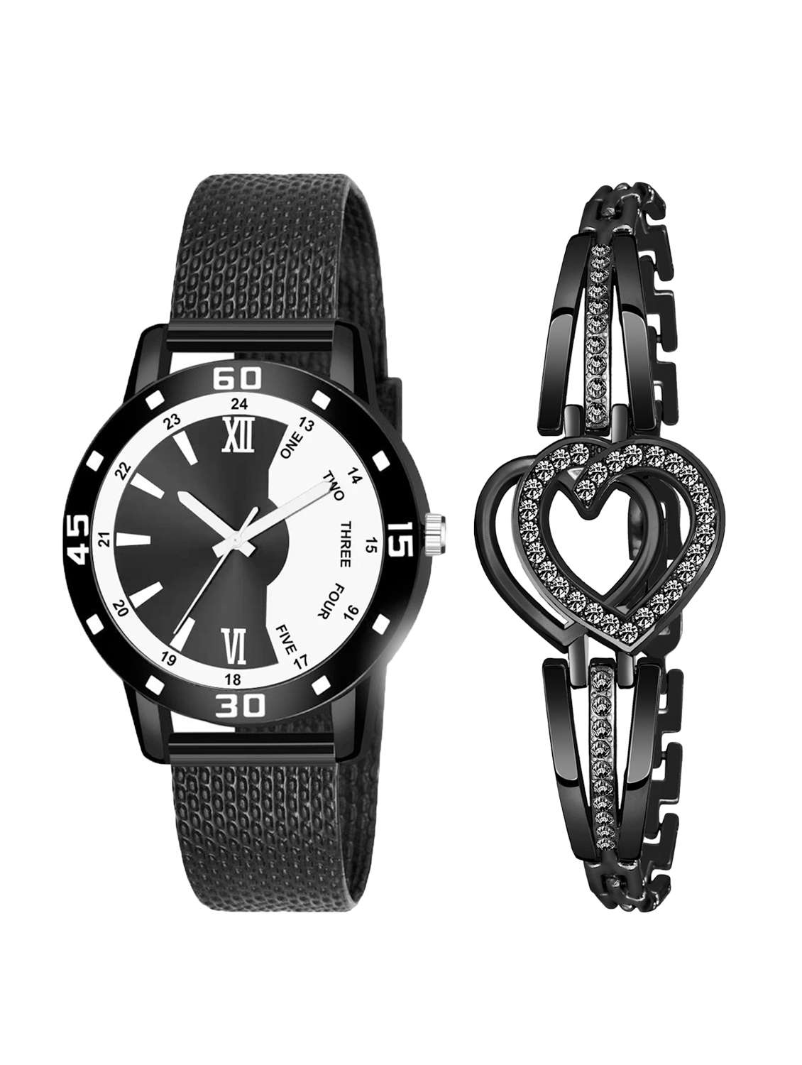 black leatherette watch & bracelet combo