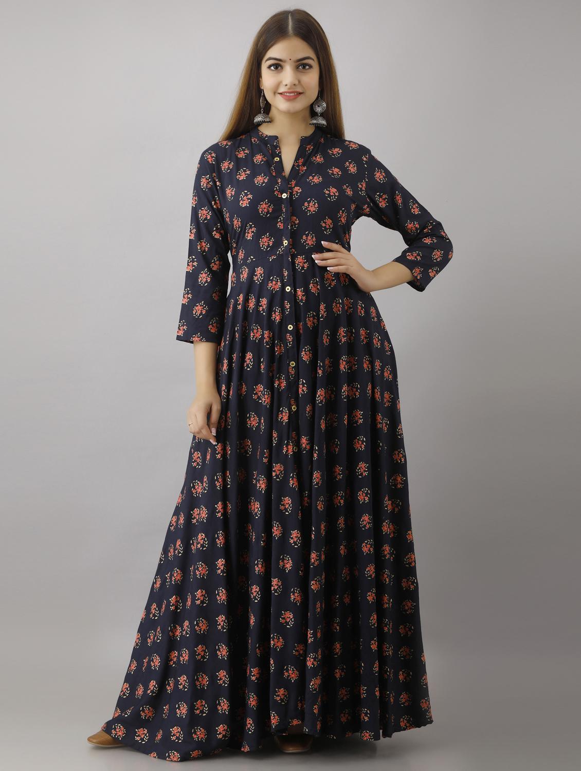 mandarin collar printed anarkali kurta - 19440748 - Zoom Image - 0