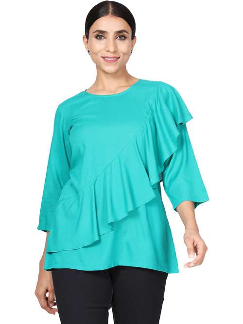 round neck ruffled solid regular tunic - 19452112 - Standard Image - 0