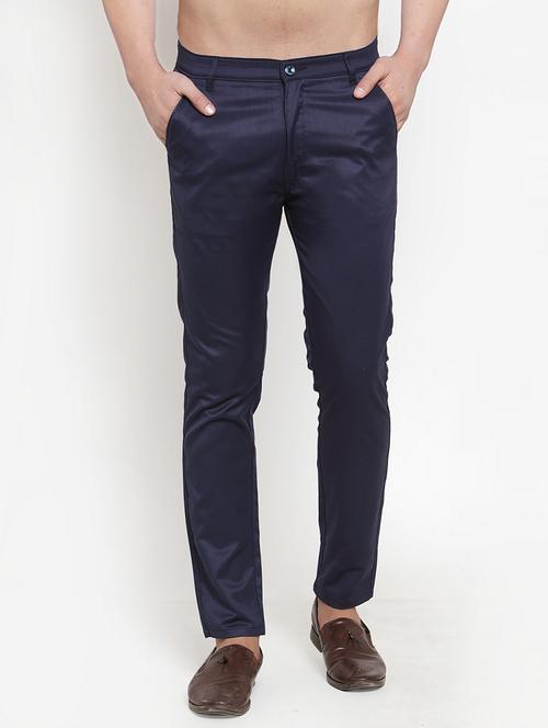 navy blue cotton flat front chinos - 19453055 - Standard Image - 0