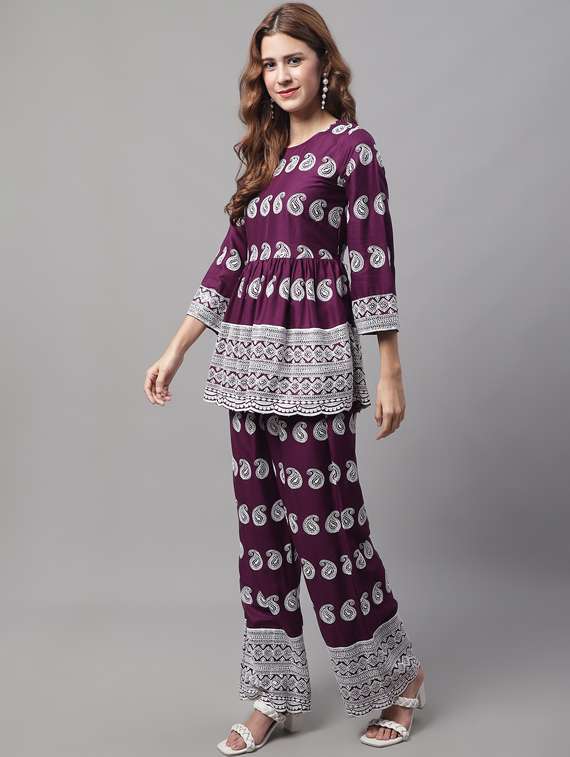 purple printed top and trouser set - 19453088 -  Standard Image - 1