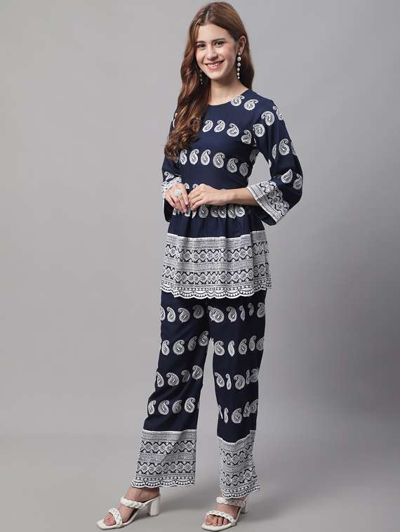 navy blue printed top and trouser set - 19453089 -  Standard Image - 1