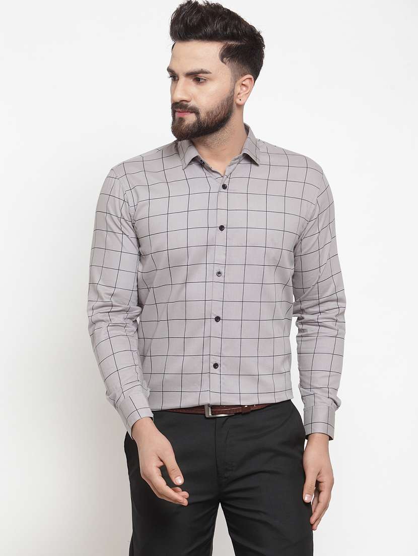 men grey slim fit checkered formal shirt