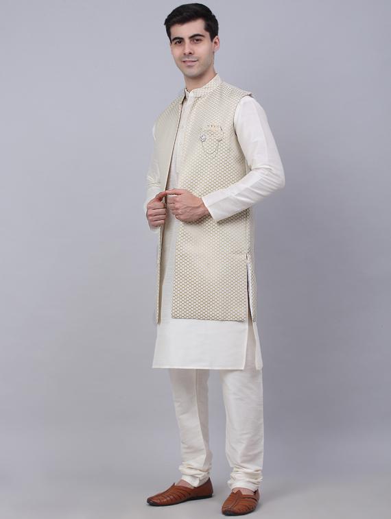beige self design kurta pyjama with nehru jacket - 19453219 - Standard Image - 1