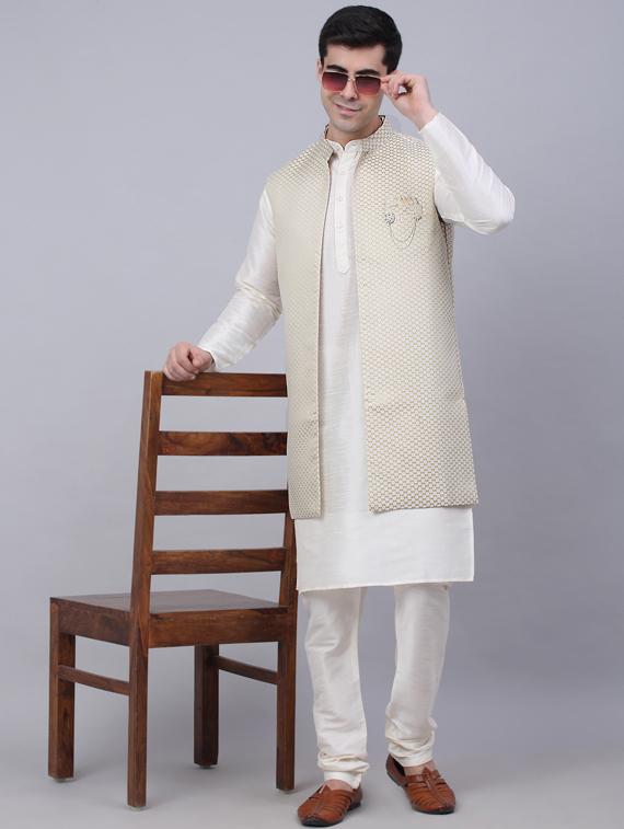 beige self design kurta pyjama with nehru jacket - 19453219 - Standard Image - 4