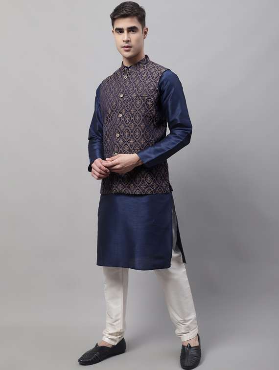 blue self design kurta pyjama with nehru jacket - 19453227 -  Standard Image - 1