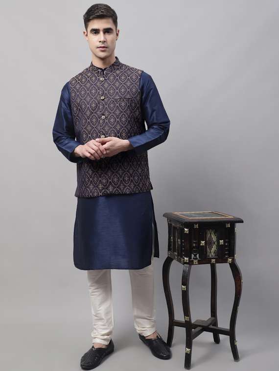 blue self design kurta pyjama with nehru jacket - 19453227 -  Standard Image - 4