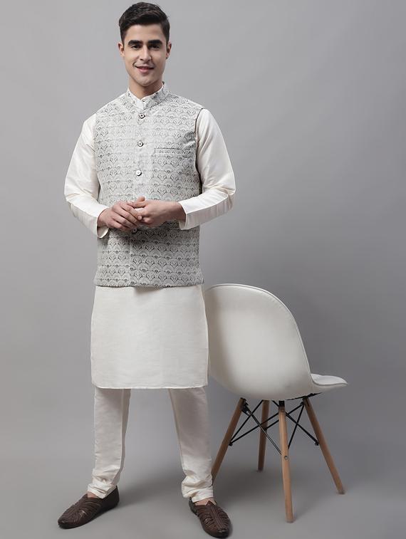 self design kurta pyjama with nehru jacket - 19453231 - Standard Image - 4