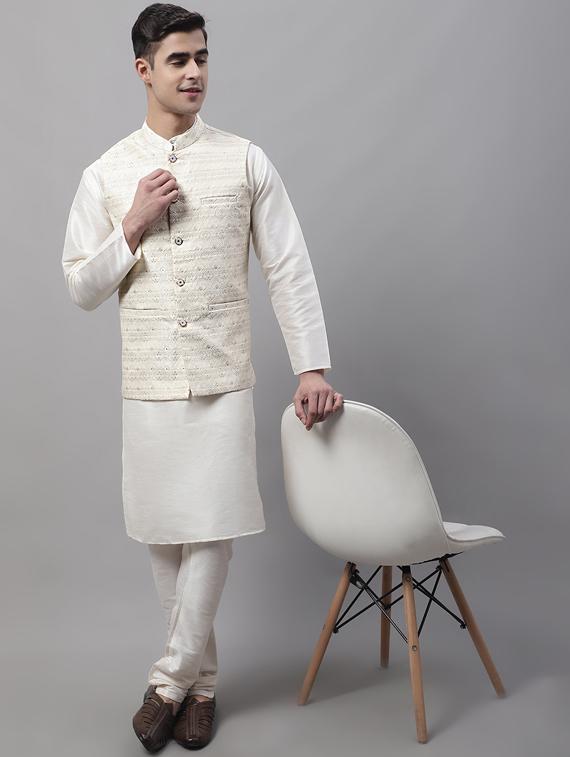 white self design kurta pyjama with nehru jacket - 19453232 - Standard Image - 4