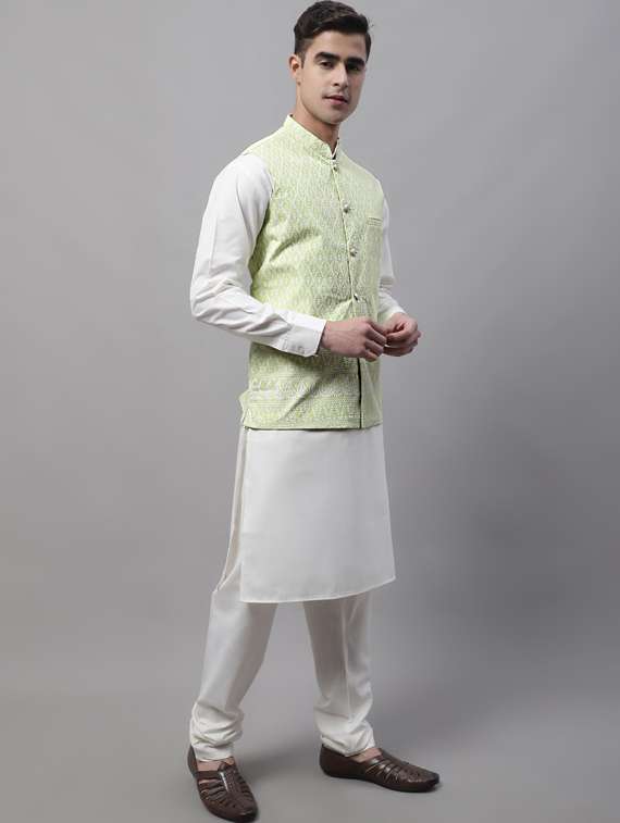 self design kurta pyjama with nehru jacket - 19453237 -  Standard Image - 1