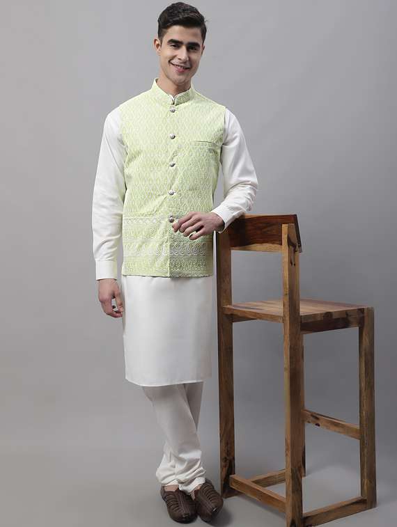 self design kurta pyjama with nehru jacket - 19453237 -  Standard Image - 4