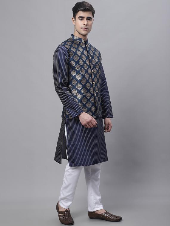 navy blue printed kurta pyjama with nehru jacket - 19453244 - Standard Image - 1