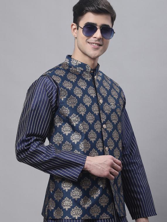 navy blue printed kurta pyjama with nehru jacket - 19453244 - Standard Image - 4