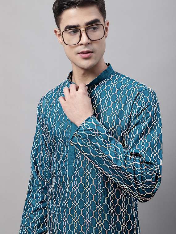teal blue embroidered kurta pyjama set - 19453320 - Standard Image - 4