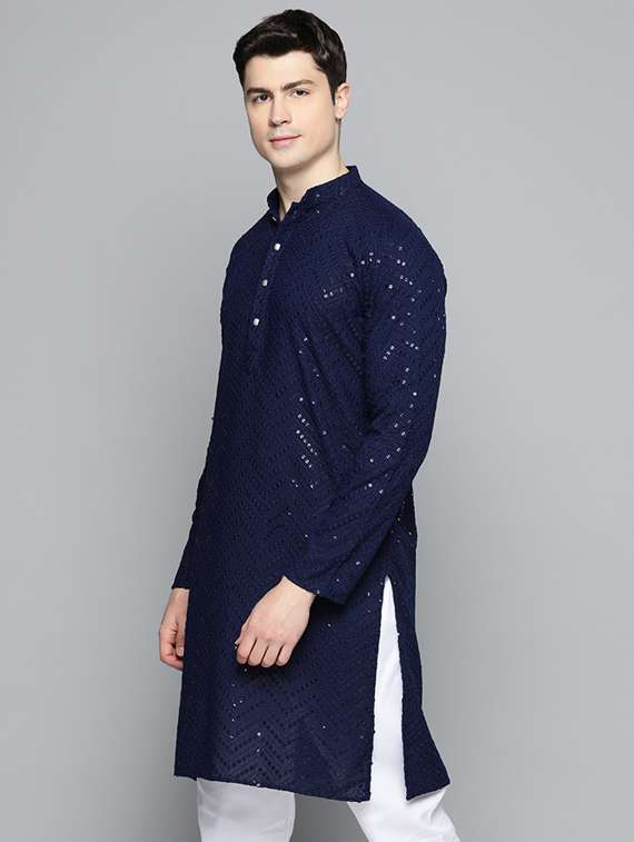 navy blue embroidered long kurta - 19453421 -  Standard Image - 1