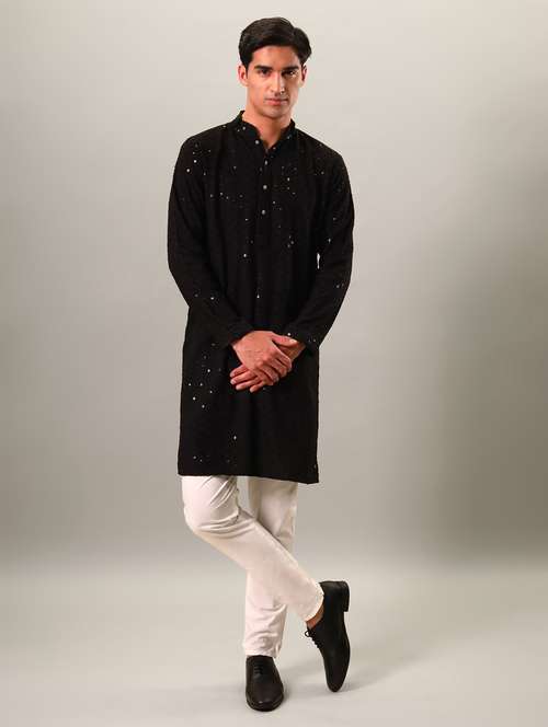 men black embroidered long kurta - 19453496 - Standard Image - 0