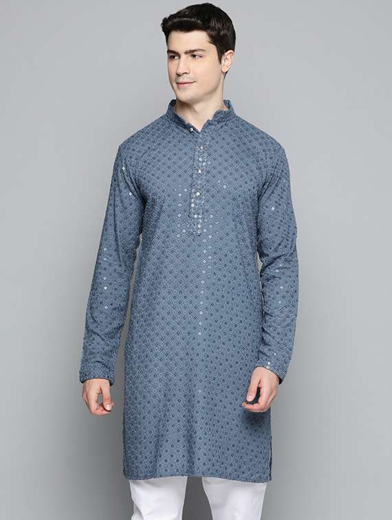 men grey embroidered long kurta