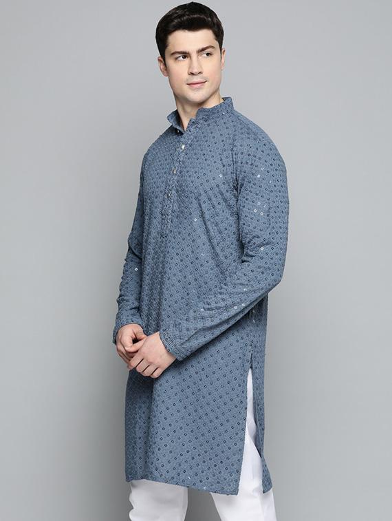 men grey embroidered long kurta - 19453499 -  Standard Image - 1