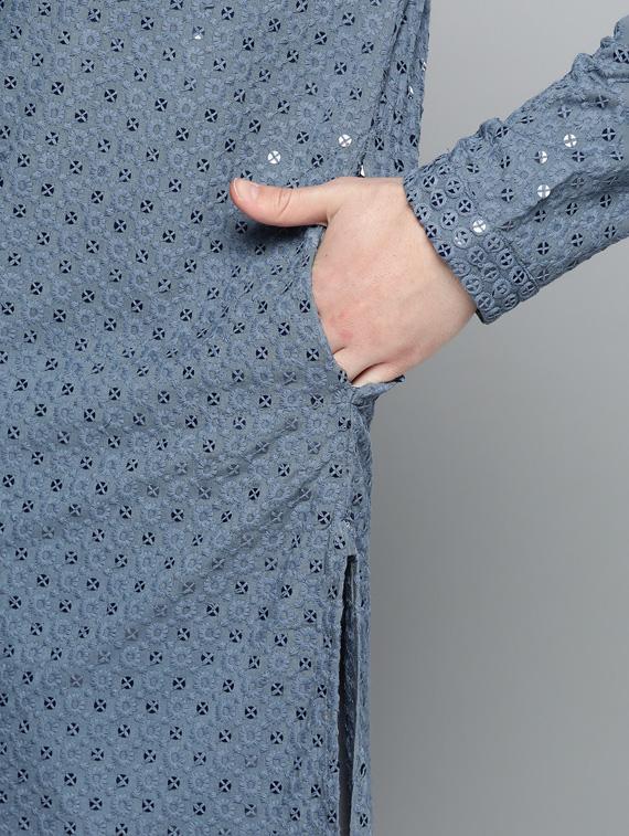 men grey embroidered long kurta - 19453499 - Standard Image - 4