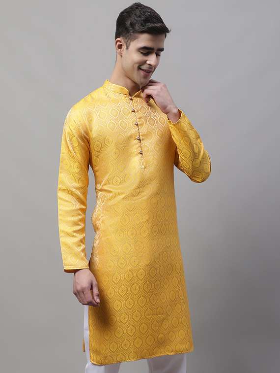 yellow self design long kurta - 19453501 - Standard Image - 1
