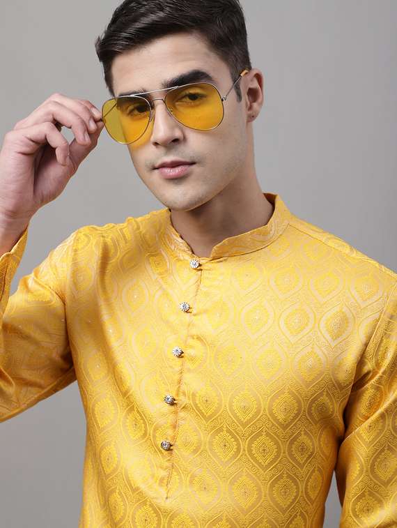 yellow self design long kurta - 19453501 - Standard Image - 4