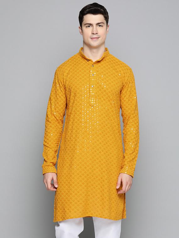 men yellow embroidered long kurta - 19453502 -  Zoom Image - 0