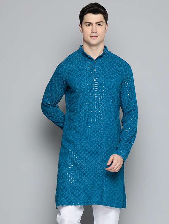 men blue embroidered long kurta