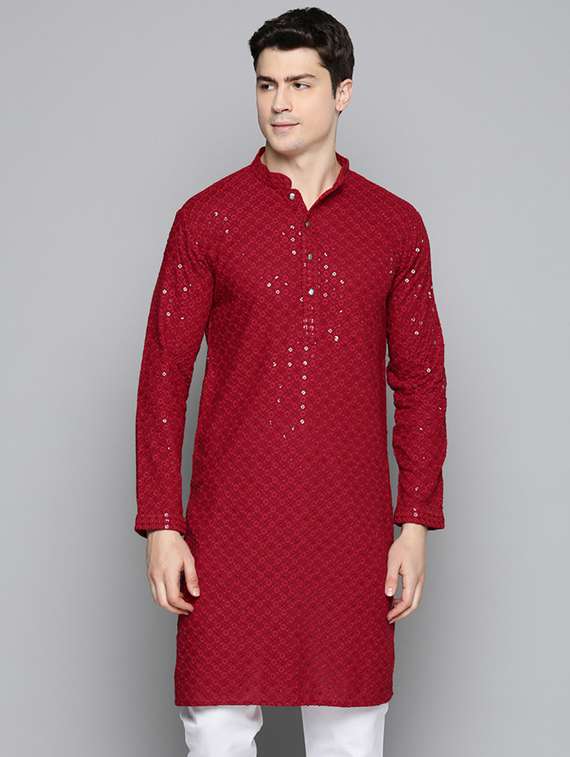men red embroidered long kurta