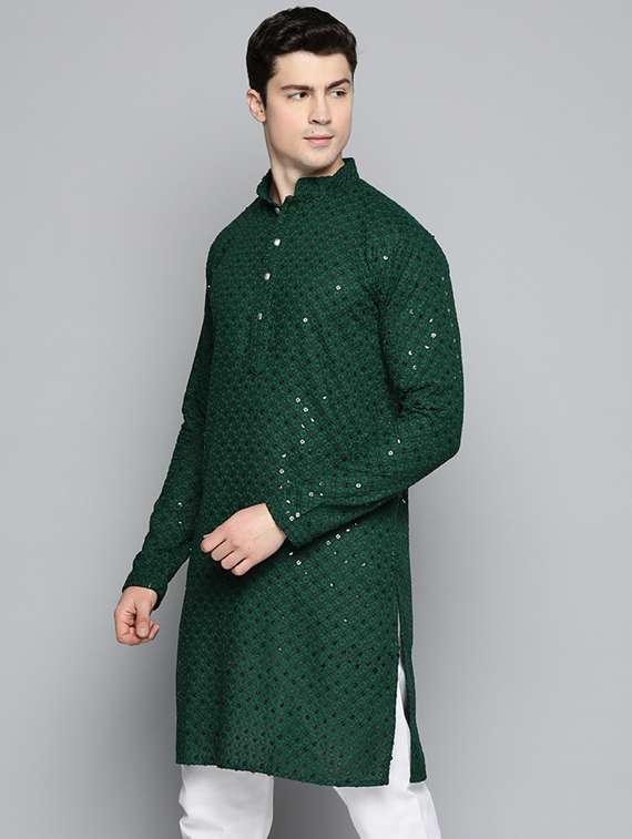 men green embroidered long kurta - 19453512 -  Standard Image - 1