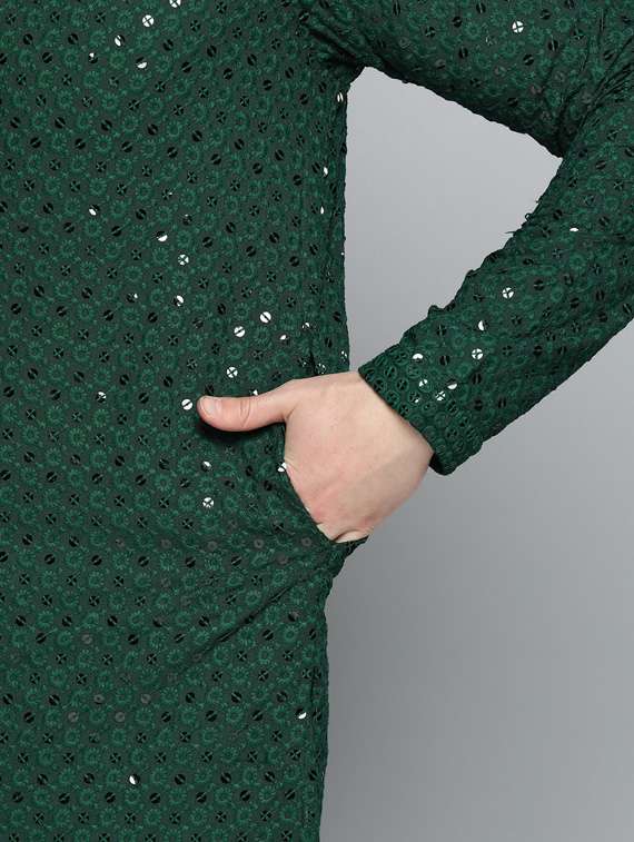 men green embroidered long kurta - 19453512 -  Standard Image - 4