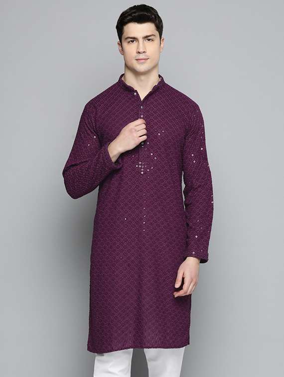 men purple embroidered long kurta