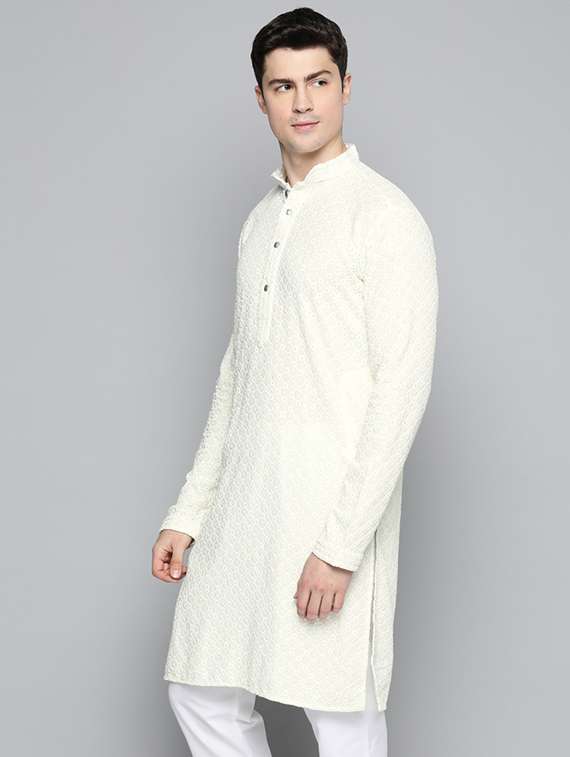men off white embroidered long kurta - 19453519 - Standard Image - 1