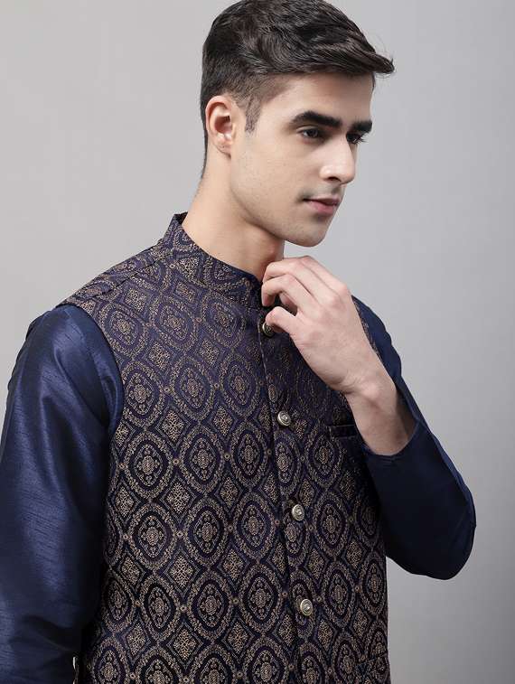 blue sleeveless self design nehru jacket - 19453995 -  Standard Image - 4