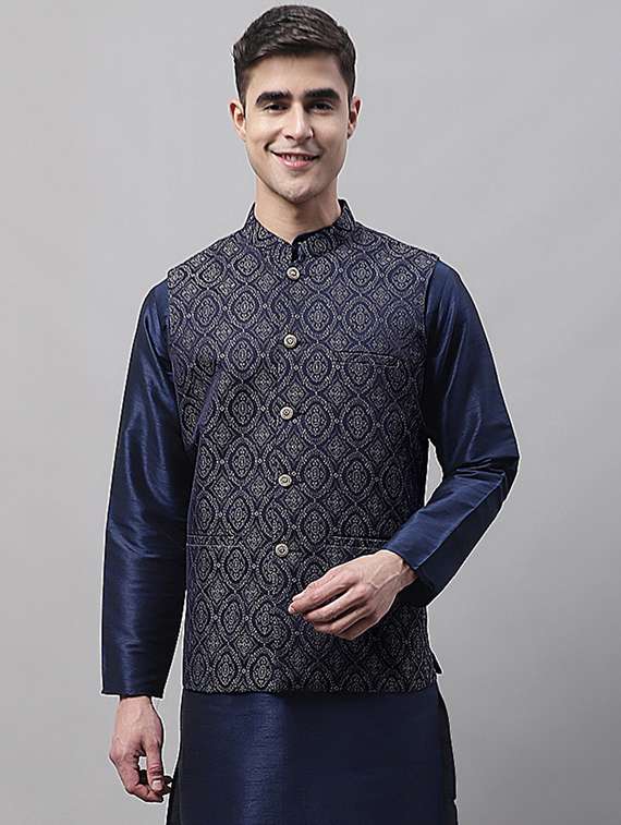 blue sleeveless self design nehru jacket