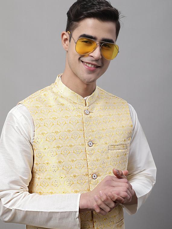 yellow sleeveless self design nehru jacket - 19454001 - Standard Image - 4